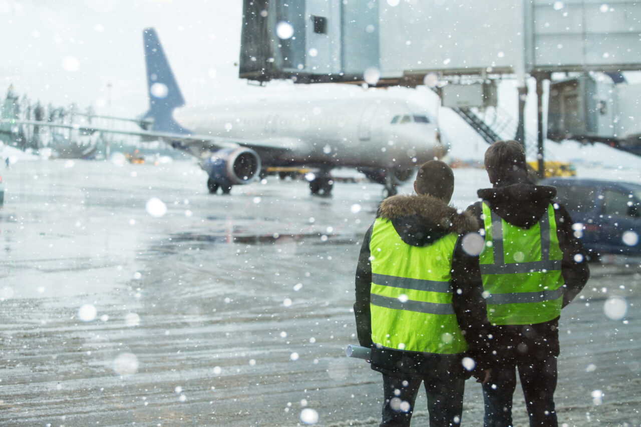 Airport managers standing under snowfall.
