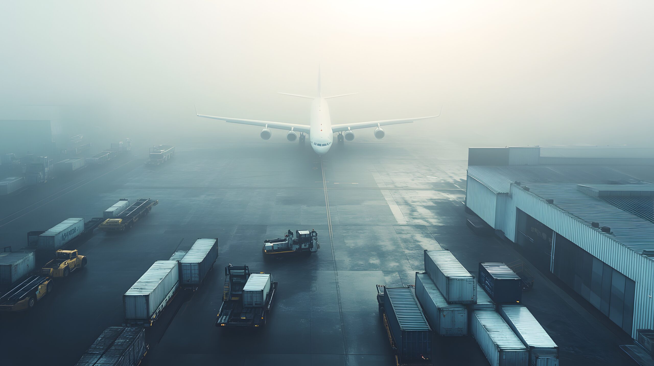 A foggy morning at an air cargo terminal, planes emerging from the mist, vehicles moving containers